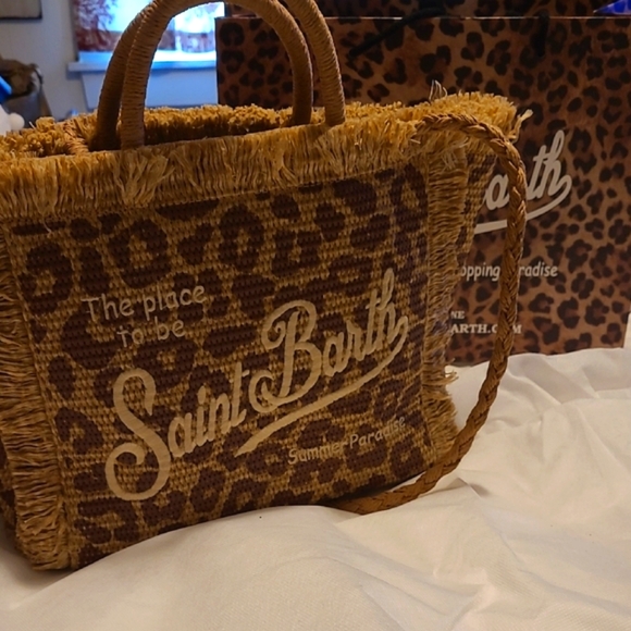 MC2 SAINT  BARTH Leopard Print Straw Tote Bag Wth Dust Bag & Shopping Bag - Picture 1 of 6